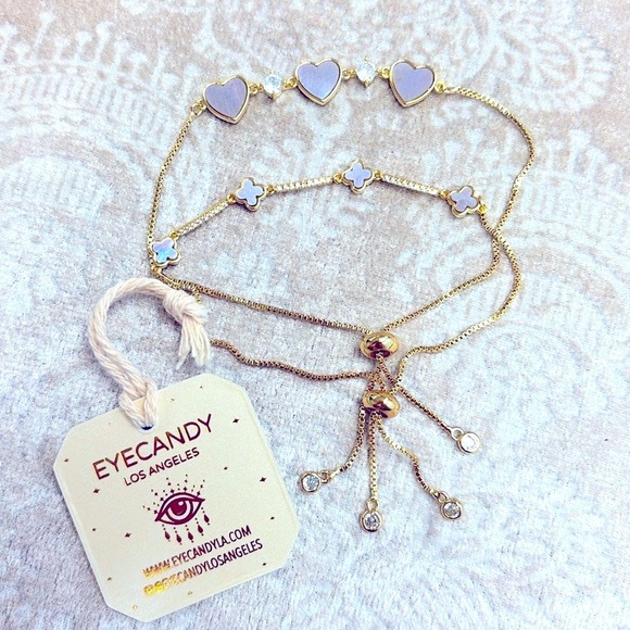 Brand New Eye Candy Set of 2 Gold Tone Adjustable Bracelets Hearts Clovers - Picture 2 of 13